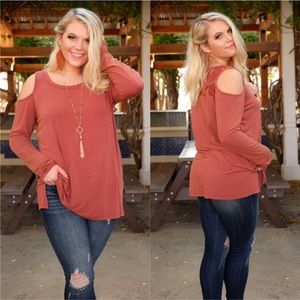 SKYE by Infinity Raine Tops - PLUS Rust Vintage Wash Cold Shoulder Tunic SKYE by Infinity Raine Tops - PLUS Rust Vintage Wash Cold Shoulder Tunic